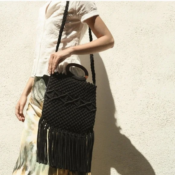 Danielle Nicole Black Fringe Crotchet Wooden Handle Crossbody Bag - Picture 2 of 13